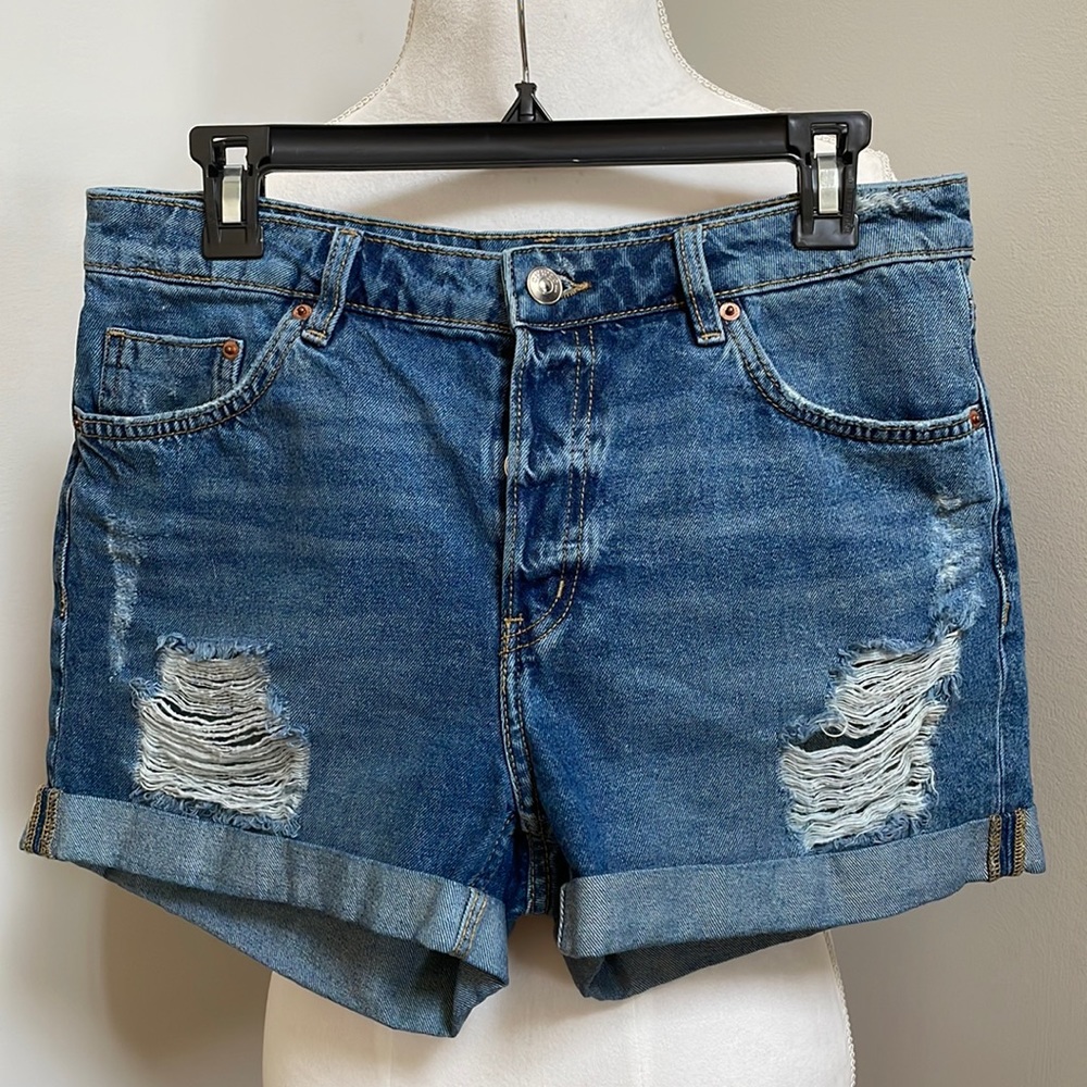 H&M Divided Button Fly High Waist cuffed Denim Shorts, ripped style, size 8